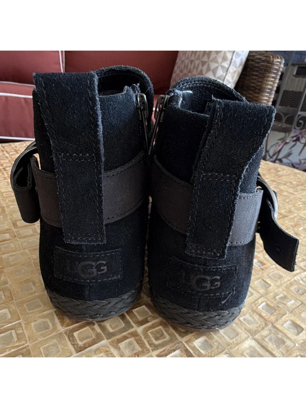 UGG Sloane Black Suede Shearling Wool Lined Side Zip Buckle Ankle Bootie 8.5